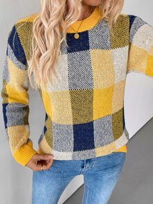 EMERY ROSE Women's Plaid Round Neck Drop Shoulder Long Sleeve Casual Pullover Sweater, Autumn/Winter Knit Pullover Fall - Yellow - View 4