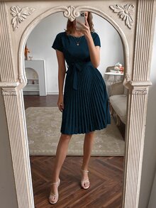 EMERY ROSE Pleated Hem Self Belted Dress - Teal Blue - View 4