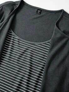 GlowEve CURVE 大尺碼針織素色前開扣開襟衫，條紋滾邊，修身版型，抽繩細節，優雅休閒通勤日常外套長褲 - 灰色 - 查看 3