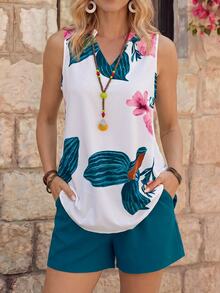 EMERY ROSE Conjunto de camiseta de manga sin mangas con estampado simple y pantalones cortos de unicolor para mujer - Azul - Ver 3