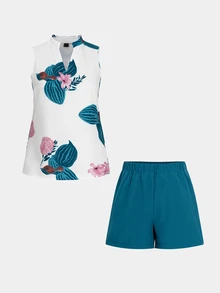 EMERY ROSE Conjunto de camiseta de manga sin mangas con estampado simple y pantalones cortos de unicolor para mujer - Azul - Ver 4