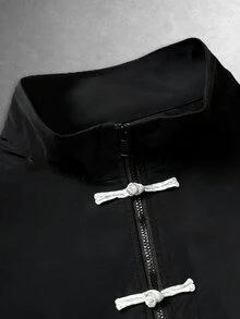 PAVTROS Men's Fashion Contrast Color Chinese Style Frog Button Decor Jacket, New Chinese Style Buttons, Gift For Friends, Boyfriend, Jacket - Black - View 4