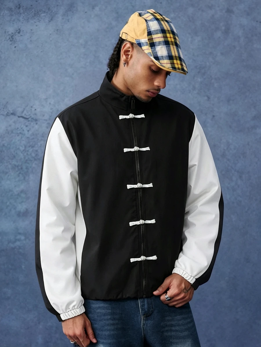 PAVTROS Men's Fashion Contrast Color Chinese Style Frog Button Decor Jacket, New Chinese Style Buttons, Gift For Friends, Boyfriend, Jacket - Black - View 1