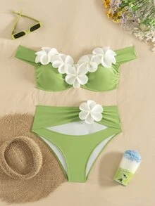 SHEIN Swim 针织立体花卉比基尼套装，性感沙滩泳池派对装扮，适合度假、新年、圣诞节、夏季 - 彩色 - 查看 3