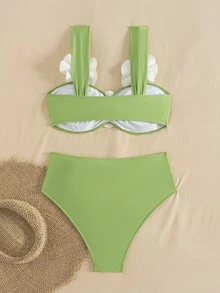 SHEIN Swim 针织立体花卉比基尼套装，性感沙滩泳池派对装扮，适合度假、新年、圣诞节、夏季 - 彩色 - 查看 2