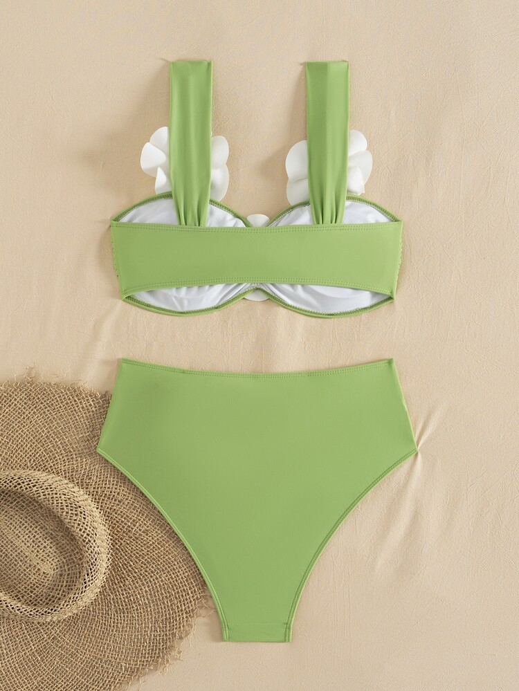 SHEIN Swim Knitted Floral 3D Bikini Set, Tropical Beach Vacation Pool Party Outfit, Suitable For Holiday, New Year, Christmas, Summer Green Tropical - Multicolor - View 2