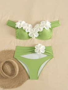 SHEIN Swim 针织立体花卉比基尼套装，性感沙滩泳池派对装扮，适合度假、新年、圣诞节、夏季 - 彩色 - 查看 4