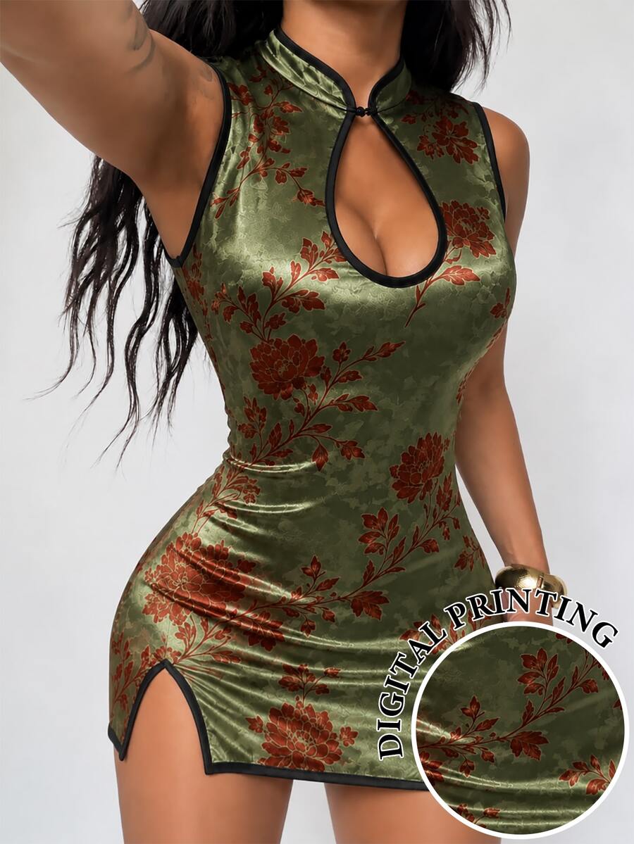 INAWLY Women's Stand Collar Printed Mini Cheongsam Dress, Keyhole Cutout Sleeveless Mini Dress, Fitted Cheongsam - Multicolor - View 1