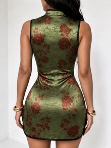 INAWLY Women's Stand Collar Printed Mini Cheongsam Dress, Keyhole Cutout Sleeveless Mini Dress, Fitted Cheongsam - Multicolor - View 2