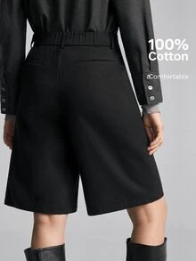Ontre 2026 秋冬女款聖約翰節服飾，沙灘裝，度假裝，鄉村風，鄉村音樂會，2026 春夏新款現代都市風，黑色，開衩設計，6英吋短褲，寬腿，女款短褲，日常穿著，商務休閒，女裝 - 黑色 - 查看 3