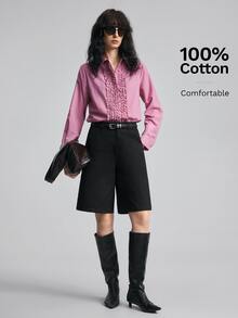 Ontre 2026 秋冬女款聖約翰節服飾，沙灘裝，度假裝，鄉村風，鄉村音樂會，2026 春夏新款現代都市風，黑色，開衩設計，6英吋短褲，寬腿，女款短褲，日常穿著，商務休閒，女裝 - 黑色 - 查看 4