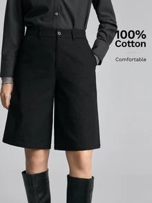 Ontre 2026 秋冬女款聖約翰節服飾，沙灘裝，度假裝，鄉村風，鄉村音樂會，2026 春夏新款現代都市風，黑色，開衩設計，6英吋短褲，寬腿，女款短褲，日常穿著，商務休閒，女裝 - 黑色 - 查看 5