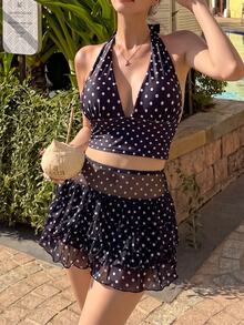 Livesso طقم ملابس سباحة نسائي من قطعتين بنقشة نقاط وبياقة على شكل حرف V، فستان تانك، 3 قطع - الأسود - مشاهدة 1