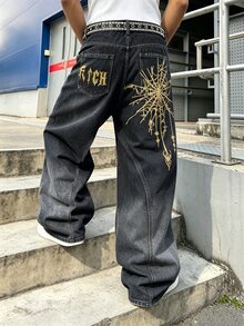RivetRise 男士時尚街頭蜘蛛印花漸層水洗牛仔寬鬆寬腿牛仔褲，哥德風 - 黑色 - 查看 3