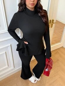 GalTyme Plus Size Autumn Casual Solid Color High Neck Side Slit Top And Pants 2 Pieces Set Winter - Black - View 5