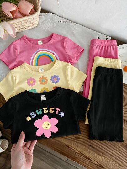 3件套女童休闲上衣，春夏秋季款，色彩缤纷的花卉字母印花，舒适日常穿着，适合女童。