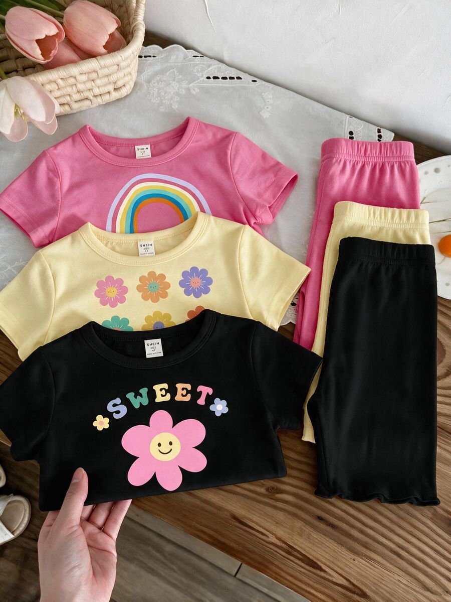 3件套女童休闲上衣,春夏秋季款,色彩缤纷的花卉字母印花,舒适日常穿着,适合女童。 - 彩色 - 查看 1