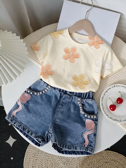 Girls' Yellow, Orange, White Colorful Floral Print T-Shirt, Flower Pearl Print Round Neck Short Sleeve Sweet Casual Top, Fashionable Preppy Style, Suitable For Daily Shopping, Vacation Wear, Back To School, Countryside Vacation, Estate, Yellow Flowers, Cute Kawaii