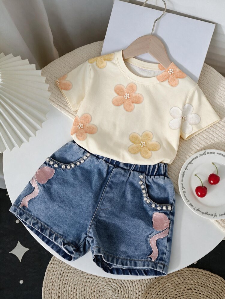 Girls' Yellow, Orange, White Colorful Floral Print T-Shirt, Flower Pearl Print Round Neck Short Sleeve Sweet Casual Top, Fashionable Preppy Style, Suitable For Daily Shopping, Vacation Wear, Back To School, Countryside Vacation, Estate, Yellow Flowers, Cute Kawaii - Multicolor - View 1