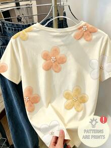 女童黃色、橘色、白色彩色花卉印花T恤，花朵珍珠印花圓領短袖甜美休閒上衣，時尚學院風，適合日常購物、度假穿著、返校、鄉村度假、莊園，黃色花朵，可愛卡哇伊 - 彩色 - 查看 2