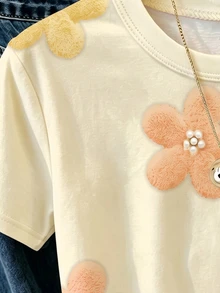 女童黃色、橘色、白色彩色花卉印花T恤，花朵珍珠印花圓領短袖甜美休閒上衣，時尚學院風，適合日常購物、度假穿著、返校、鄉村度假、莊園，黃色花朵，可愛卡哇伊 - 彩色 - 查看 4