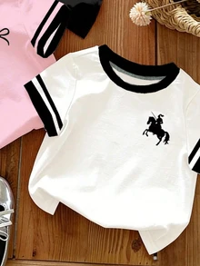 SHEIN 3pcs/Set Young Girls' Pink,Summer,School,Sport,Back-To-School Fashion Colorblock Striped Bow Heart Horse Rider Print Short Sleeve Round Neck T-Shirt - Multicolor - View 4