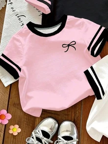 SHEIN 3pcs/Set Young Girls' Pink,Summer,School,Sport,Back-To-School Fashion Colorblock Striped Bow Heart Horse Rider Print Short Sleeve Round Neck T-Shirt - Multicolor - View 6
