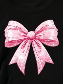 Elladie kids Girls' Fresh Fashion Cute Glitter Pink Bow & Heart Pattern Basic Black Short Sleeve T-Shirt, Comfortable Daily Wear For All Seasons - Black - View 8