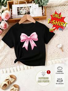 Elladie kids Girls' Fresh Fashion Cute Glitter Pink Bow & Heart Pattern Basic Black Short Sleeve T-Shirt, Comfortable Daily Wear For All Seasons - Black - View 3