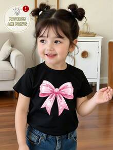 Elladie kids Girls' Fresh Fashion Cute Glitter Pink Bow & Heart Pattern Basic Black Short Sleeve T-Shirt, Comfortable Daily Wear For All Seasons - Black - View 5