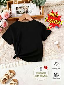 Elladie kids Girls' Fresh Fashion Cute Glitter Pink Bow & Heart Pattern Basic Black Short Sleeve T-Shirt, Comfortable Daily Wear For All Seasons - Black - View 2