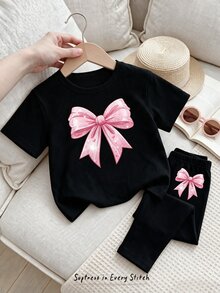 Elladie kids Girls' Fresh Fashion Cute Glitter Pink Bow & Heart Pattern Basic Black Short Sleeve T-Shirt, Comfortable Daily Wear For All Seasons - Black - View 1