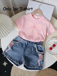 Girls' Pink Bow T-Shirt, Cute Princess Casual Everyday Comfortable Versatile Top, Suitable For Spring, Summer, Autumn, Winter, All Seasons, 4Y-7Y - Multicolor - View 1