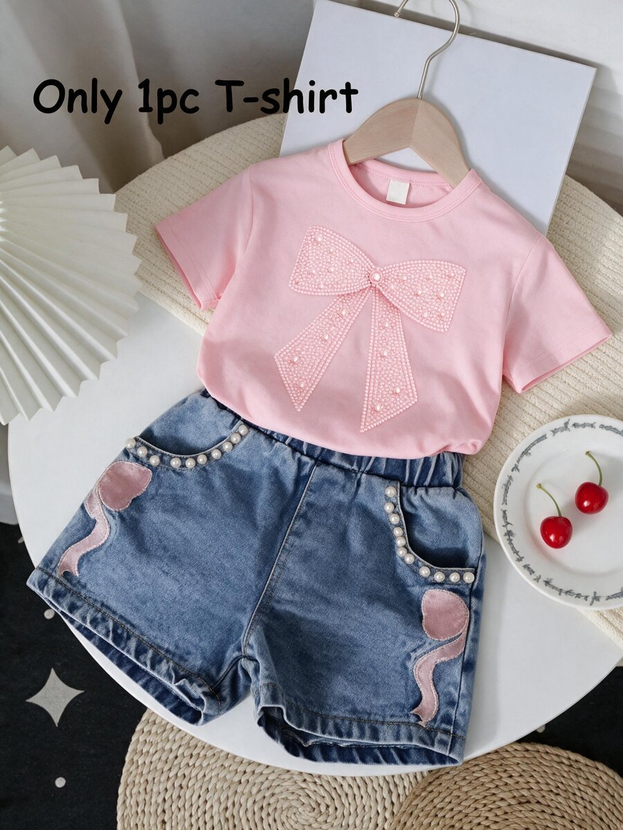 Girls' Pink Bow T-Shirt, Cute Princess Casual Everyday Comfortable Versatile Top, Suitable For Spring, Summer, Autumn, Winter, All Seasons, 4Y-7Y - Multicolor - View 1