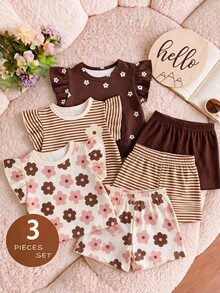 SHEIN Kaos Lengan Pendek Leher Bulat Motif Bunga Ditsy Bohemian, Garis-garis Ungu Lembut, Pola Pita 3D, Kasual, Sederhana, Serbaguna untuk Anak Perempuan, 1 buah, Cocok untuk Musim Semi - Putih - View 1