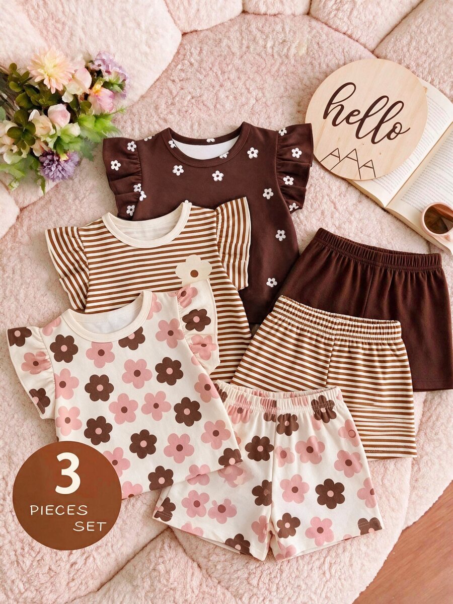 SHEIN Kaos Lengan Pendek Leher Bulat Motif Bunga Ditsy Bohemian, Garis-garis Ungu Lembut, Pola Pita 3D, Kasual, Sederhana, Serbaguna untuk Anak Perempuan, 1 buah, Cocok untuk Musim Semi - Putih - View 1