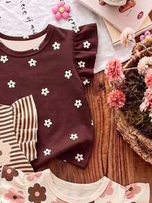 SHEIN Kaos Lengan Pendek Leher Bulat Motif Bunga Ditsy Bohemian, Garis-garis Ungu Lembut, Pola Pita 3D, Kasual, Sederhana, Serbaguna untuk Anak Perempuan, 1 buah, Cocok untuk Musim Semi - Putih - View 6