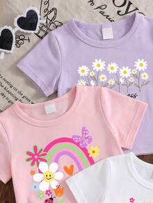 SHEIN 3件套女婴（6个月-2-3岁）梦幻可爱/活力少女风彩虹花卉动物印花+雏菊字母印花短袖T恤，轻盈可爱，适合日常穿着、上学、生日派对、野餐、女婴节、春夏秋季等场合。 - 彩色 - 查看 5