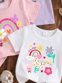 SHEIN 3件套女婴（6个月-2-3岁）梦幻可爱/活力少女风彩虹花卉动物印花+雏菊字母印花短袖T恤，轻盈可爱，适合日常穿着、上学、生日派对、野餐、女婴节、春夏秋季等场合。 - 彩色 - 查看 6