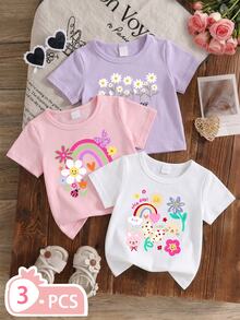 SHEIN 3件套女婴（6个月-2-3岁）梦幻可爱/活力少女风彩虹花卉动物印花+雏菊字母印花短袖T恤，轻盈可爱，适合日常穿着、上学、生日派对、野餐、女婴节、春夏秋季等场合。 - 彩色 - 查看 4