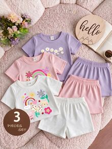 SHEIN 3件套女婴（6个月-2-3岁）梦幻可爱/活力少女风彩虹花卉动物印花+雏菊字母印花短袖T恤，轻盈可爱，适合日常穿着、上学、生日派对、野餐、女婴节、春夏秋季等场合。 - 彩色 - 查看 1