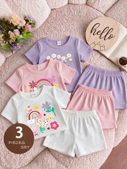 SHEIN 3pcs/Set Baby Girls White And Pink Summer Casual Cute Graduation T-Shirts,Short Sleeve Rainbow Floral Animal Daisy Letter Print Tops For 6M-3Y