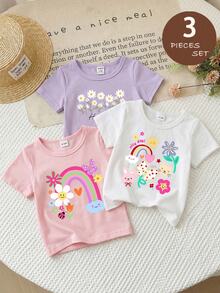 SHEIN 3件套女婴（6个月-2-3岁）梦幻可爱/活力少女风彩虹花卉动物印花+雏菊字母印花短袖T恤，轻盈可爱，适合日常穿着、上学、生日派对、野餐、女婴节、春夏秋季等场合。 - 彩色 - 查看 3