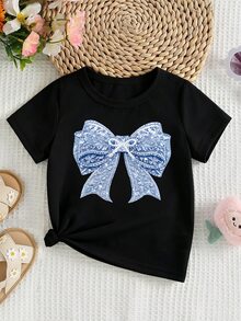 Elladie kids 女童簡約藍白花卉蝴蝶結珍珠圖案印花基本款黑色短版T恤，舒適夏季休閒日常穿搭 - 黑色 - 查看 8