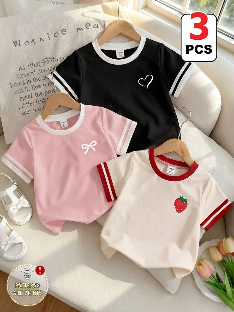 SHEIN Playful Pals 3pcs Young Girls' Fashion Strawberry Heart Bow Graphic Short Sleeve T-Shirts,Colorblock Tops For Pink Summer School Back-To-School,SS26 Casual - Multicolor - View 3