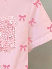 Young Girls Sweet Style Pink Bow Pattern Print Short Sleeve Crew Neck T-Shirt, Summer Daily Outing Casual Versatile Children's Top Pink T-Shirt Suitable For Summer - Multicolor - View 5