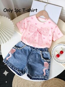 Young Girls Sweet Style Pink Bow Pattern Print Short Sleeve Crew Neck T-Shirt, Summer Daily Outing Casual Versatile Children's Top Pink T-Shirt Suitable For Summer - Multicolor - View 1