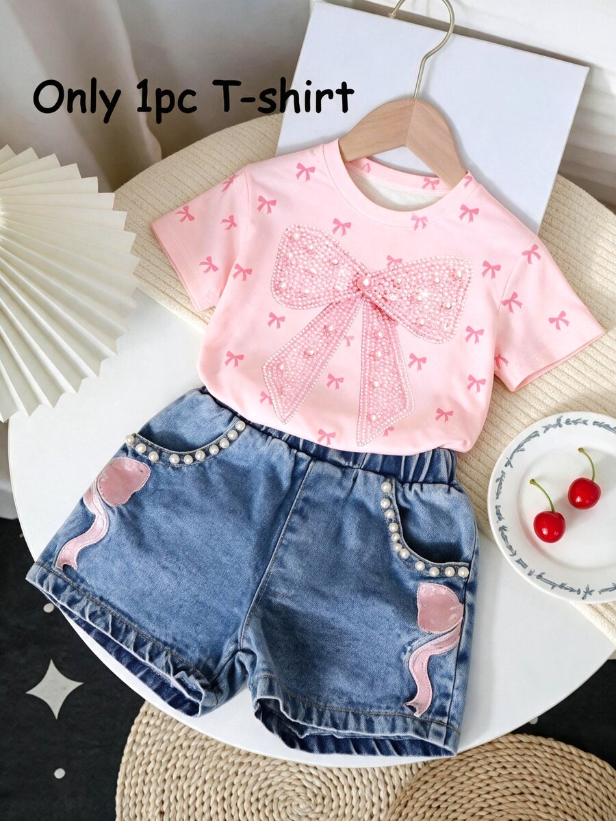 Young Girls Sweet Style Pink Bow Pattern Print Short Sleeve Crew Neck T-Shirt, Summer Daily Outing Casual Versatile Children's Top Pink T-Shirt Suitable For Summer - Multicolor - View 1