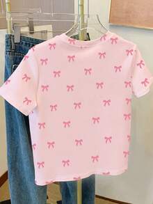 Young Girls Sweet Style Pink Bow Pattern Print Short Sleeve Crew Neck T-Shirt, Summer Daily Outing Casual Versatile Children's Top Pink T-Shirt Suitable For Summer - Multicolor - View 2