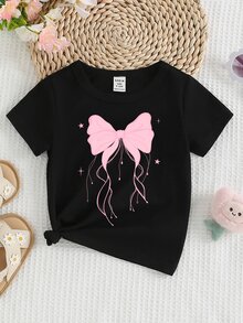 Elladie kids 女童春夏款粉色蝴蝶結愛心圖案印花休閒基礎短版T恤，舒適日常穿著，溫馨夏秋風格上衣 - 黑色 - 查看 4